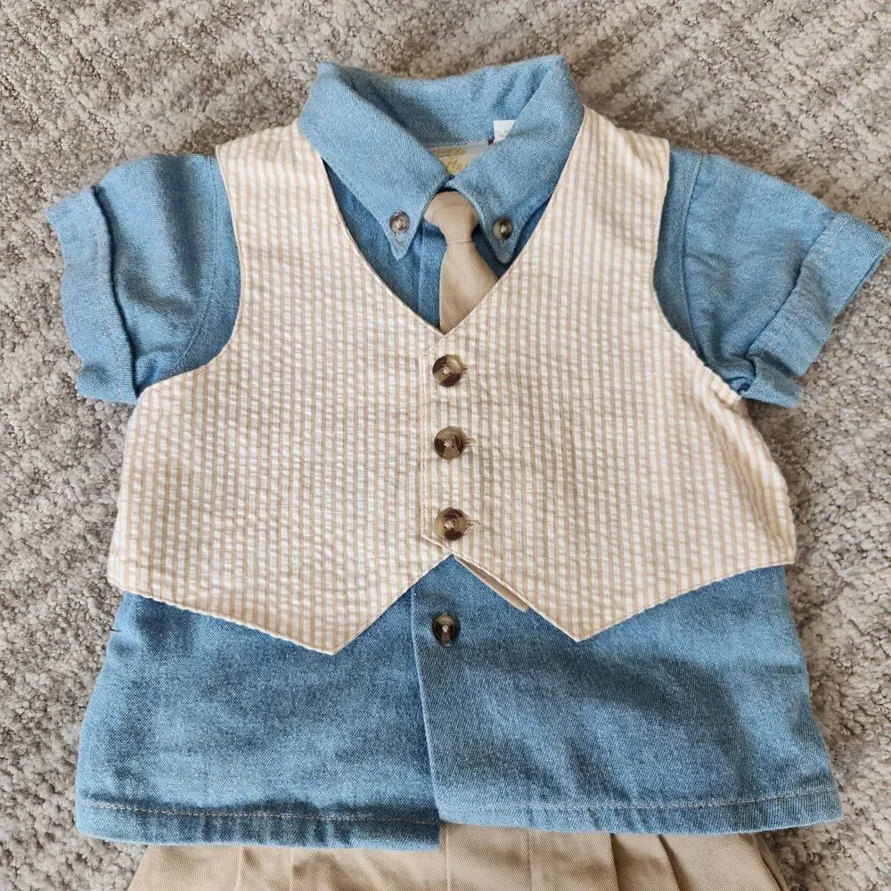 Little Bitty boys 4 piece outfit denim seersucker khaki size 3-6 months